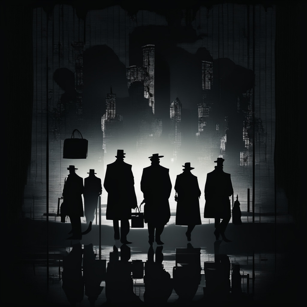 A noir-styled digital realm, reflecting an era of economic frontier, dusk lighting sets a somber mood. Silhouettes of enigmatic figures represent prominent cryptocurrency influencers, their shadows hinting ambiguity and ominous undertones. A background of encrypted codes subtly hints at the chaos underlying the serenity, a briefcase nearby resonating with dark secrets.
