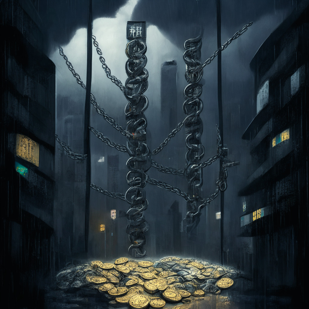 A surrealistic digital painting displaying the streets of Hong Kong under a dramatic, dimly-lit cloudy sky. The mood is tense, evoking the recent JPEX scandal. A symbolic representation of a crypto exchange, wrapped in chains, showing the need for regulation. A balance scale, one side leaning down with coins, depicts the struggle to keep innovation and regulation balanced. A group of faceless, anxious people represent worried investors. Bright, distant rays of hope pierce the clouds, suggesting a glimmer of recompense and recovery for them.