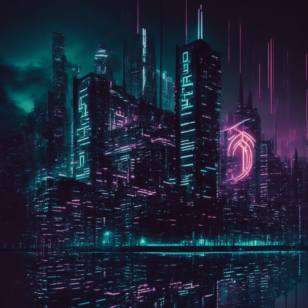 Dark, futuristic cityscape of London, towering skyline interlaced with blockchains, neon lights reflecting off steel & glass facades, Cypher-Punk style, a stylized HSBC building subtly embedded in the landscape. A dimly lit, digital wind spreads ripples of regulatory uncertainty, contrasted by bright sparks of innovative cryptocurrency symbols, hinting cautious optimism. A sense of intriguing mystery, tension yet promising potential in air.