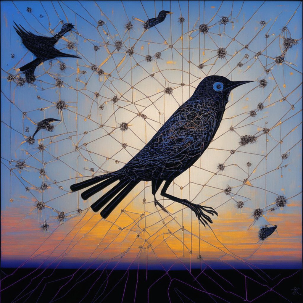 A cybernetic neural network rendered in an expressionist style, dusk sky backdrop, metallic sheen. Cropped identifiers for 11 bias groups including nationality, age and political leanings, depicted orbiting the neural network, casting long shadows to symbolize their influence. A mechanical bird, symbolizing the AI OpinionGPT, perched on the neural network. Plan to depict the network and bird with a touch of skepticism, punctuated by a single pyramid in the fore, displaying a mirrored surface emphasizing distorted interpretations of bias.