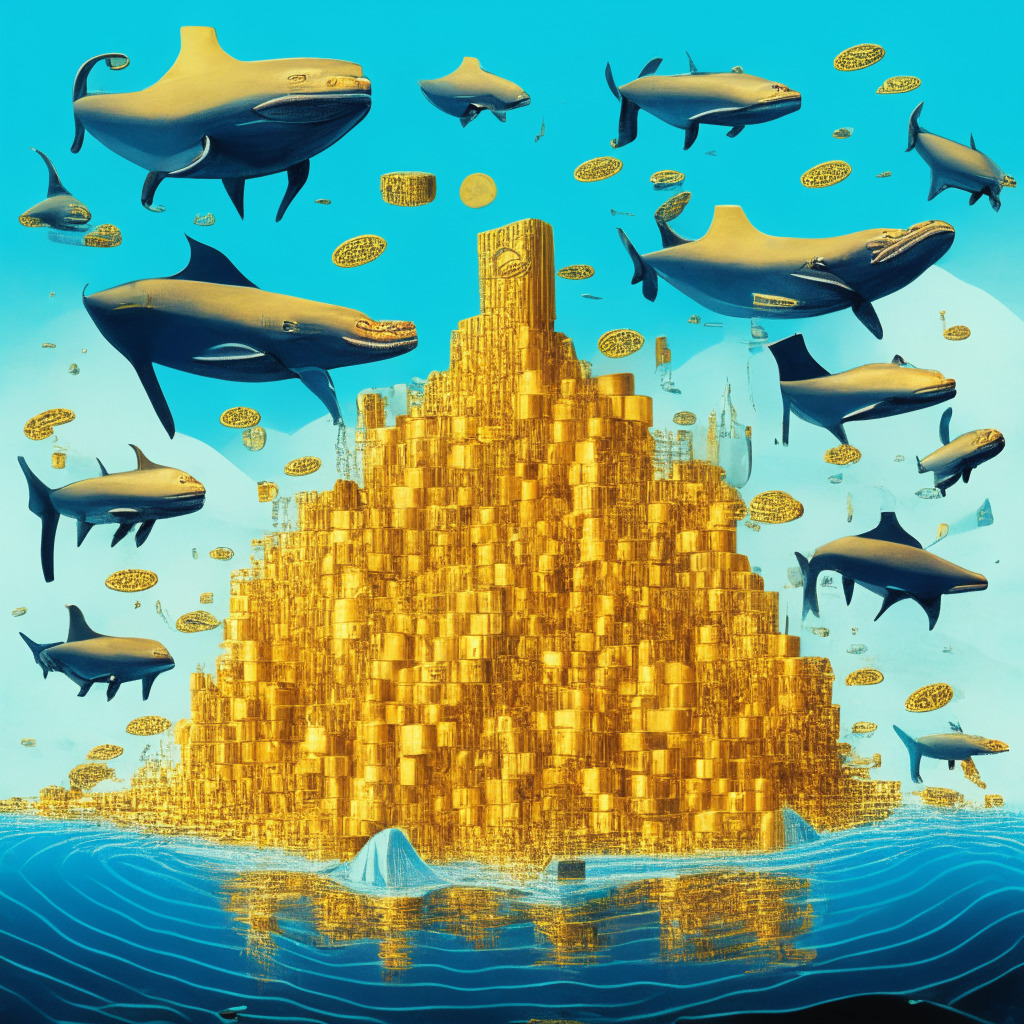An abstract surreal landscape symbolizing the financial world infiltrated with elements of cryptocurrency: shiny golden Bitcoins in balanced stacks appearing as a sign of stability; blockchain chains piercing through traditional banks, indicating integration; miners chiselling at a backdrop of majestic oversize Bitcoins, representing Bitcoin halving; a group of larger-than-life whales congregating around a giant pool of coins illustrating investor behavior. The image is bathed in a soft warm glow, conveying a bullish market sentiment, yet casts long shadow, hinting at potential risks. Painted in the style of Salvador Dali, giving an air of mystery and intrigue. The mood is contemplative, cautious yet optimistic.