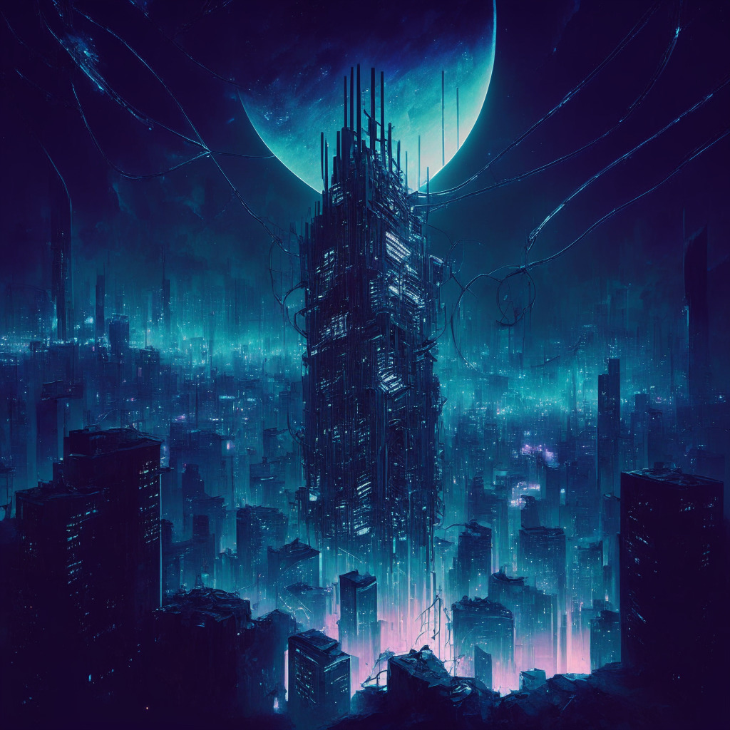 A moonlit, dystopian cityscape, frenzied tendrils of AI data streaking the midnight-tinted sky, a stainless-steel beast crouched in the centrefold. Abstract echoes of blockchain chains shimmer around it, implying holographic restraint. Yet beneath, a transcendently glowing, decentralized social media platform thwarts its claws, reflecting an urgent struggle for control, privacy, and independence, painted in an eerily luminous, suspenseful Vorticist style.