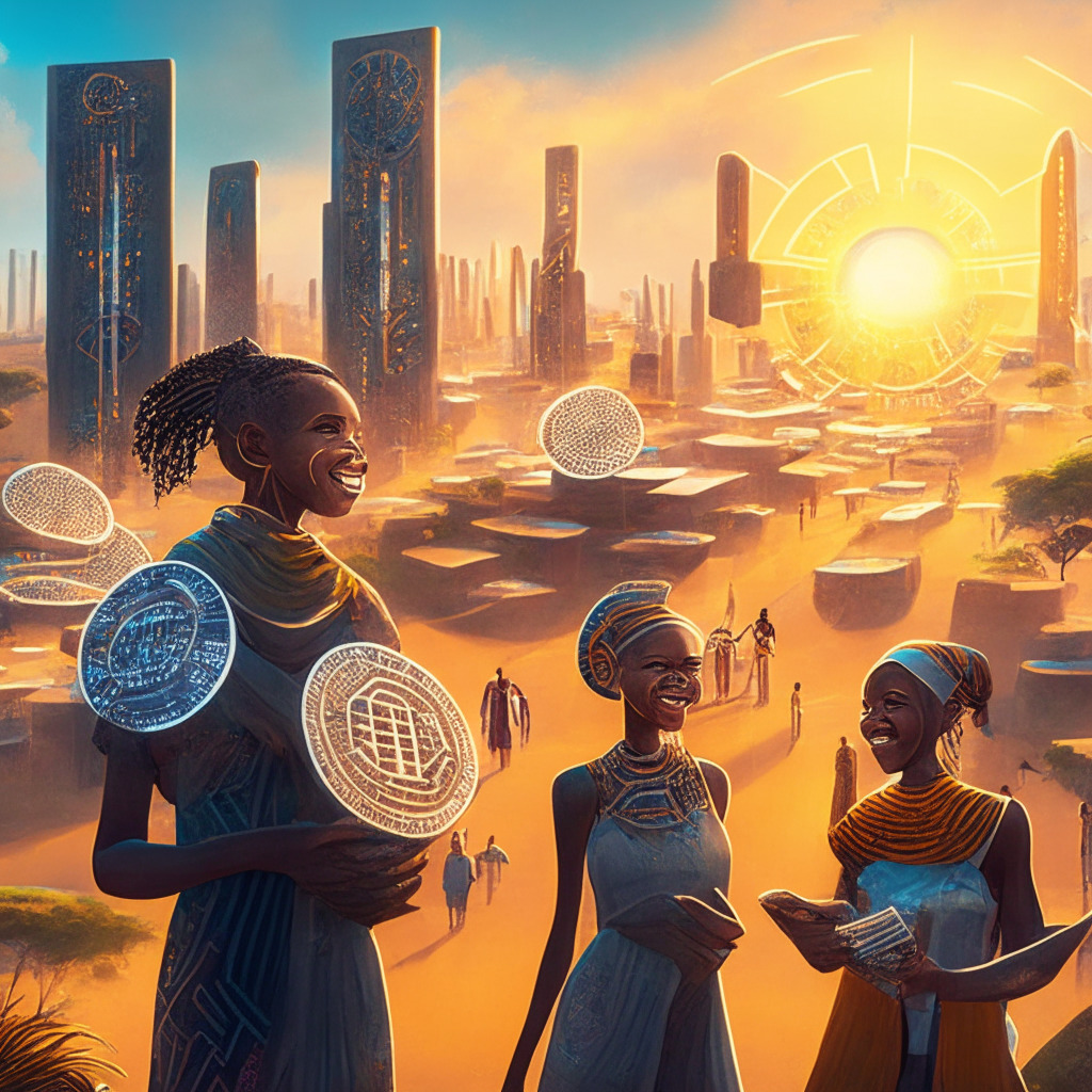 A flourishing digital futuristic city in an African landscape, technology and traditional elements intertwining harmoniously. Early morning sunlight bathes criss-crossing blockchain patterns in the sky, symbolizing blockchain integration. Diverse citizens engage in transactions with glowing digital coins, illustrating cryptocurrency adoption. The picture emits an optimistic air of triumph over poverty, showing the resilience in their faces, their bodies emerging from the shadows of poverty into the metaphorical light of economic stability and growth. The sophisticated warm colors depicting the dawn of a new era and the breathtaking ambition of a society evolving with technology.