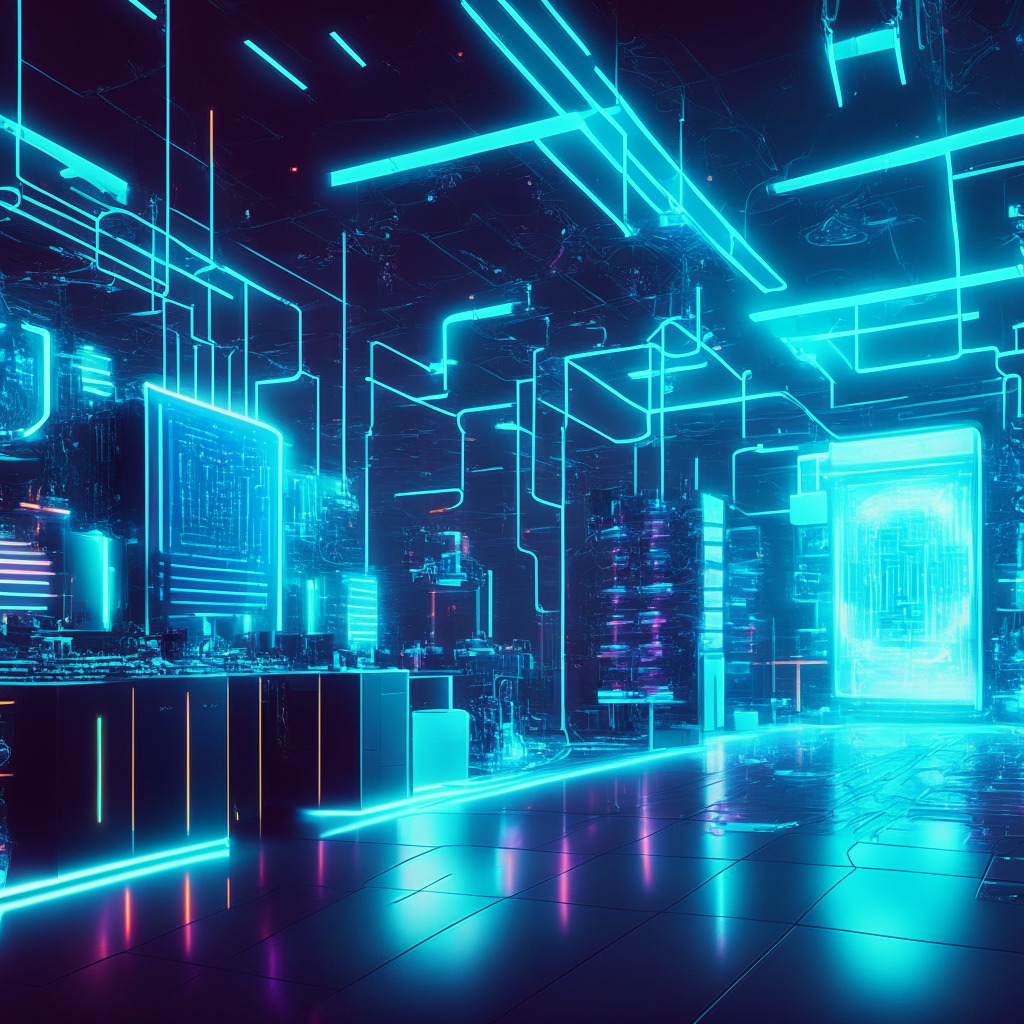 An abstract concept of a grand, modernistic lab environment bustling with activity at the intersection of artificial intelligence and cryptocurrency. The lab is a vast expanse of gleaming chrome and neon, alive with floating holographic data streams, symbolizing crypto transactions and AI algorithms. The warm ambient light dapples across the scene, casting long dramatic shadows. The atmosphere is palpable with excitement and focused energy, tension meticulously balanced with anticipation. The style is reminiscent of the intricate detail and futuristic flair of a sci-fi noir painting. The overall mood is one of remarkable potential and imminent innovation, with a touch of caution symbolized by a subtly flickering warning light.