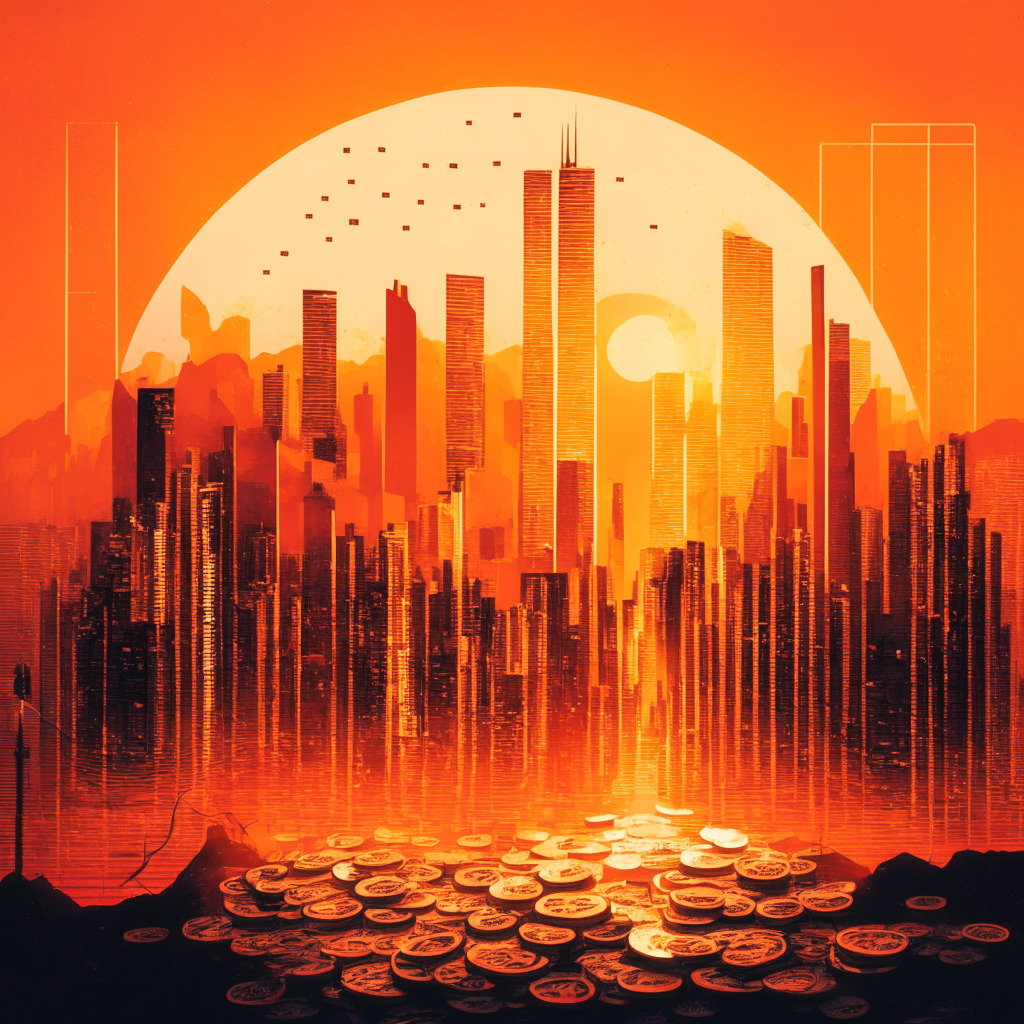 A picture featuring a vibrant Hong Kong skyline at dawn, bathed in the emerging orange tones of sunrise. Central theme is a large risky gamble die draped in digital code flowing, symbolising betting on digital assets. Small die are scattered around, representing altcoins. A balance beam delicately poised on the edge of the main die represents the volatility of the market. Slightly dim lighting, adds a sense of mystery and cautious optimism.