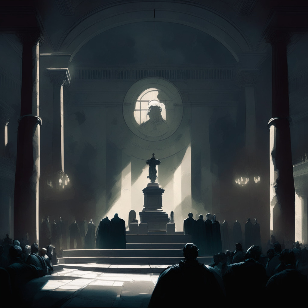 Depiction of a moody courtroom scene, under dimly lit marble arches, with an ethereal representation of HelbizCoin under spotlight. Use muted colors to evoke a sense of conflict and tension. In the background, a large scale symbolizes justice. Add a crowd of people symbolizing investors, showing both hope and apprehension, while observe a semi-transparent globe indicating the international elements of the case. Artistic style should lean towards classic courtroom illustration, with a surreal touch.