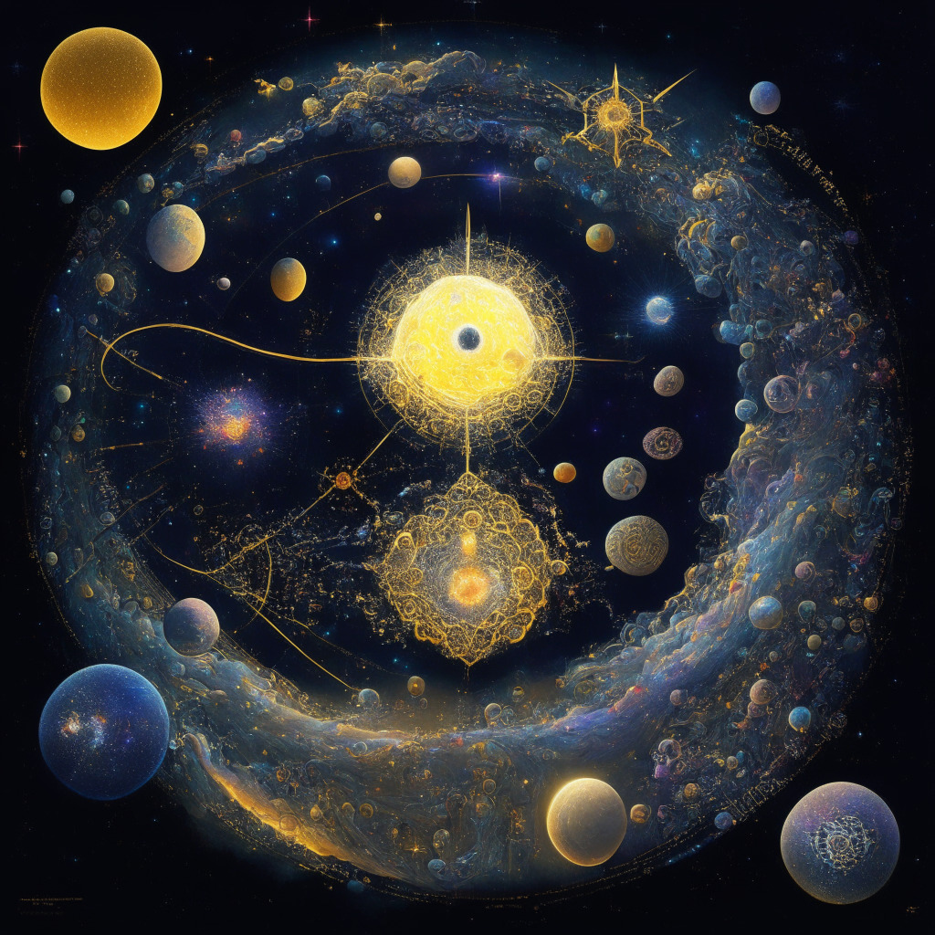 A cosmic depiction of the digital currency universe, a central planetary body representing Binance pulsates with vibrant intensity. Key figures including former head of Asia-Pacific, Leon Foong, are depicted as celestial bodies departing this world. Ethereal threads connect the Binance world to emerging markets like China, South Korea, Turkey, Vietnam. The overall setting is twilight, conveying a sense of trouble and uncertainty but also the promise of tomorrow. Evoking a Baroque style, the painting encapsulates humanity's internal struggle with ambition, regulatory obstacles symbolized by meteor showers, and the aspiration for future growth represented as distant galaxies. The mood is one of suspense and anticipation.
