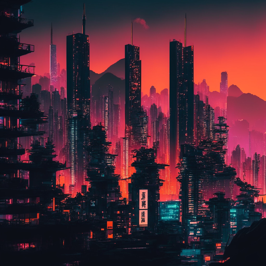 Dusk over a bustling, futuristic Hong Kong skyline, bathed in warm twilight hues, Crypto-coin symbols represented as neon signs,IDM style,complex network lines connecting them. Scale on one side tips between stability/friendliness and skeptical/cautionary. Mood: dynamic, thoughtful.