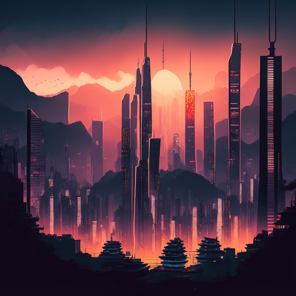 Dusk settling over a futuristic Hong Kong cityscape illuminating the skyline, healing light shining over a symbolic mix of traditional Asian and digital stylized elements. Convey a mood of balanced caution and hopeful opportunity, Hong Kong as a beacon of hope in the shadow of vigilant observation.