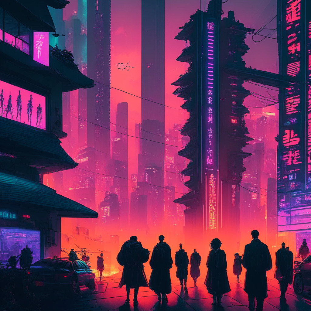 An atmospheric scene of bustling Hong Kong at sunset, the streets humming with a mix of traditional and futuristic vibes. Cyberpunk aesthetic with neon lights and towering skyscrapers, hovering digital screens display crypto market trends. A symbol of crypto licenses and digital exchanges are subtly woven into the cityscape. Mysterious figures converse near a bank, symbolizing negotiations and collaborations. Underneath, an undulating ocean of binary code, resembling growth and evolving landscapes. The mood is anticipative, electric, symbolizing the future of finance in Hong Kong. The skyline reflects on the ocean, displaying the evolution of the city into a digital financiel powerhouse.