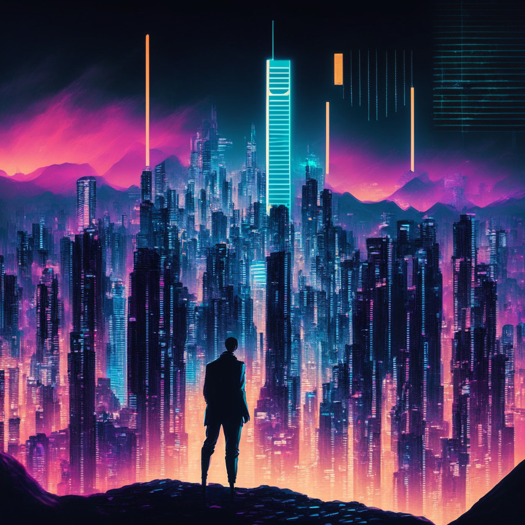 An expansive, futuristic cityscape of Hong Kong illuminated by neon lights, representing the digital revolution. A large digital yuan coin shines from a towering skyscraper, showing Hong Kong's progress in the cryptocurrency world. Elements of concern and curiosity coexist, represented by contrasting warm and cool tones. In the foreground, a shadowy figure interacts with a holographic interface, symbolizing the debate between privacy and progression.