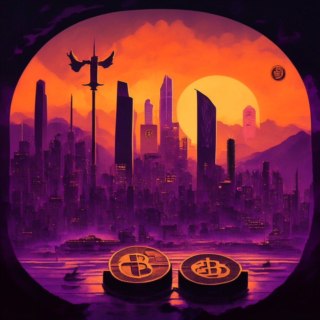 A metropolis skyline representing Hong Kong under twilight, bathed in hues of oranges and purples. In the foreground, a set of traditional Chinese balance scales, on one side a Bitcoin, on the other a shield symbolizing protection. Simultaneously, shadowy figures lurk in the backdrop conveying an air of suspense and intrigue.
