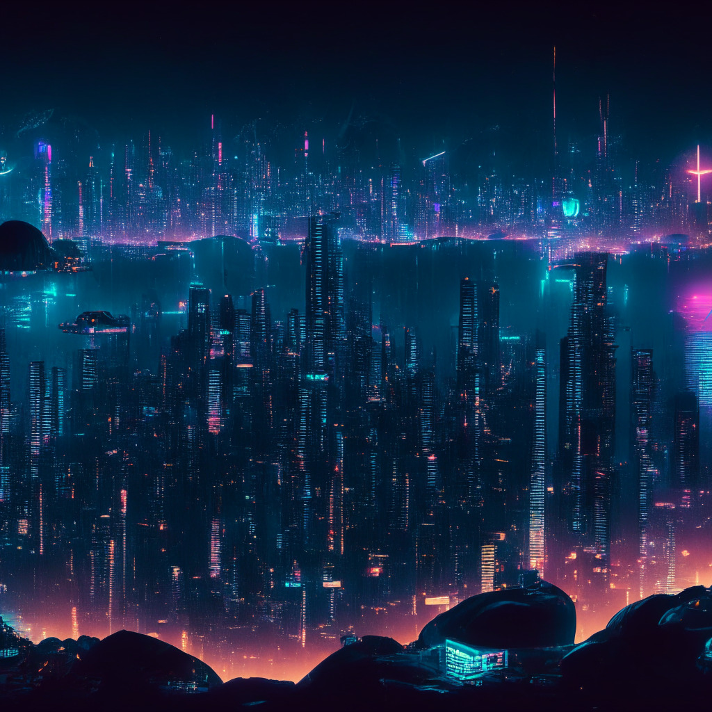 A nighttime panorama of Hong Kong skyline in a cyberpunk style, glowing, ethereal cryptocurrencies symbols floating in the sky, symbolising regulatory vigilance. A large balancing scale in the foreground, one side heavier with crypto coins, the opposite with a lightbulb representing innovation. Dark, moody atmosphere, cold neon hues, suggesting changing crypto regulations.