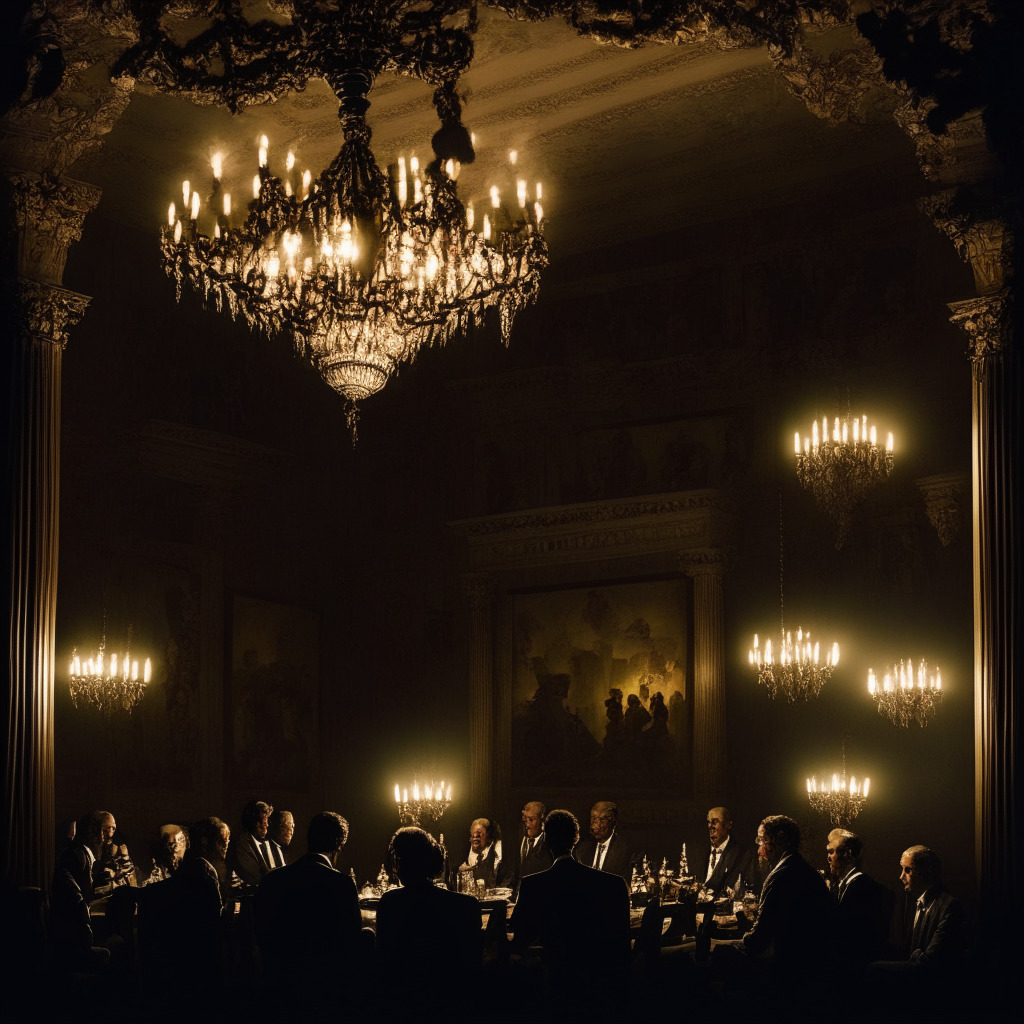 A late-night Congressional meeting, under the soft glow of an antique chandelier. Sherrod Brown stands assertive, addressing key individuals about cryptocurrency regulations. The room embodies an atmosphere of stoic determination, with a looming sense of uncertainty and intrigue characteristic of a baroque painting. Expressions relay concern about balancing innovation and consumer protection. The shadowy figures add to the enigmatic mood of the potential future of cryptocurrency.