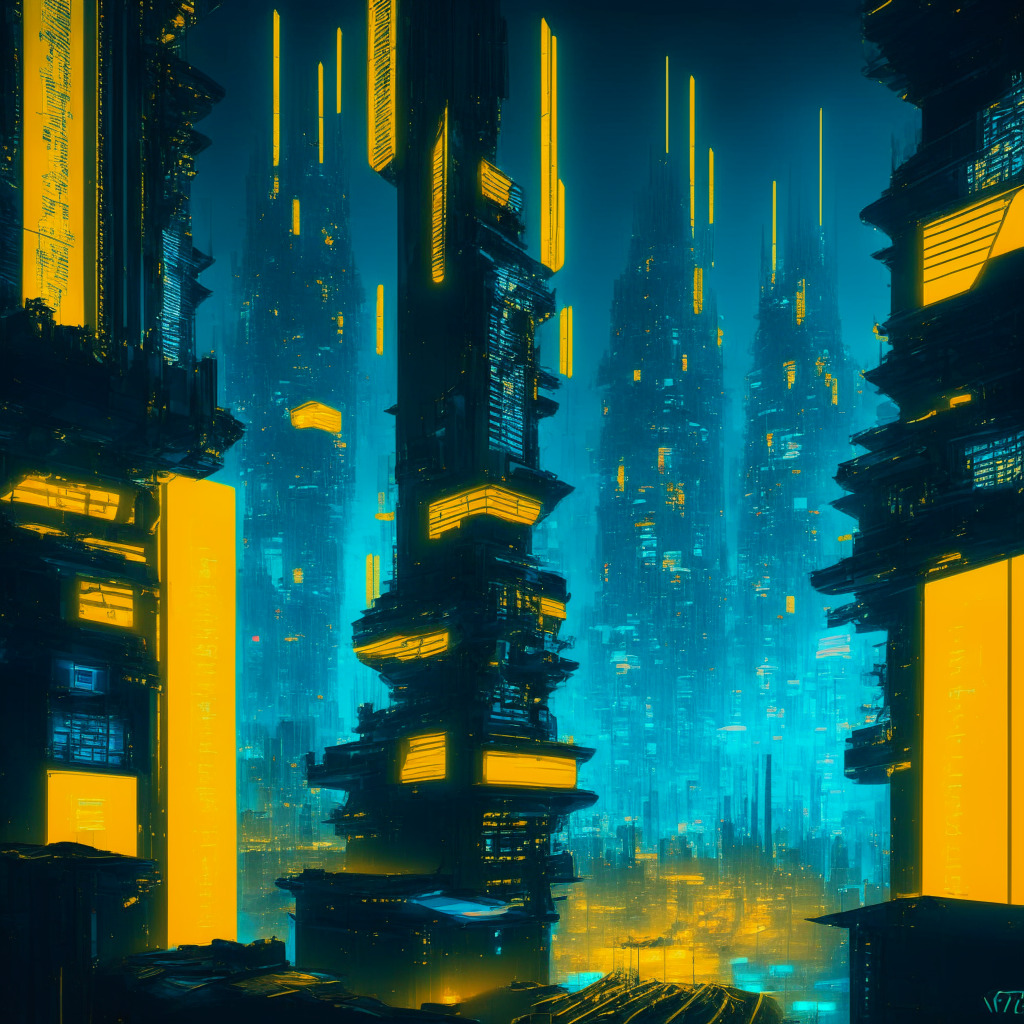 A futuristic cityscape in China at night, bathed in luminescent blue and yellow tones, presenting a vibrant, electrifying atmosphere. Iconic elements include digital coins flying over a gleaming gold recycling plant, modern skyscrapers symbolizing real estate, and people conducting transactions on large holographic screens. The scene is accentuated with cyberpunk characteristics, highlighting a deep contrast of shadows and vibrant neon lights to depict digital financial innovation and economic progression.