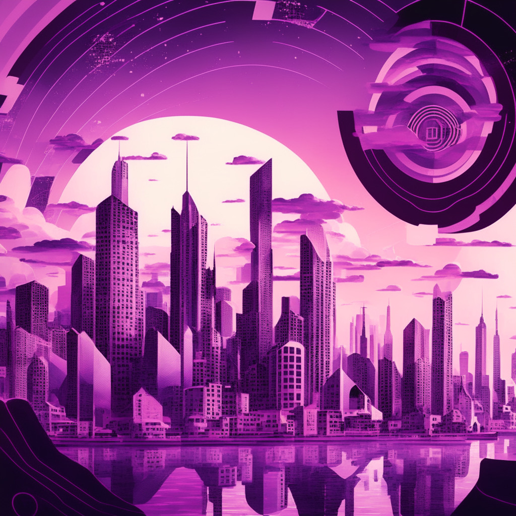A dusk setting over a futuristic Swiss cityscape, hints of blockchain pattern in the architecture, symbolizing the digital trend in banking. The scene, painted in the style of surrealism, presents a blend of traditional buildings and modern digital infographic elements. The sky, a swirl of purple and pink hues, emanates a sense of optimism yet cautious anticipation. Images of coins hovering, visualizing digital assets and risks.