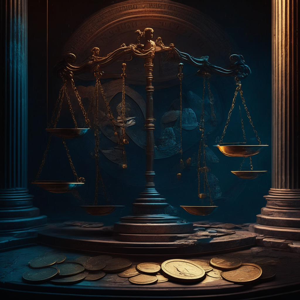 A scale balancing crypto coins and traditional currency in a judicial setting, Neoclassical artistic style, dramatic chiaroscuro lighting, suggesting implicit tension. Abstract backgrounds hinting at the global context, nuanced color palette infusing a sense of careful deliberation.