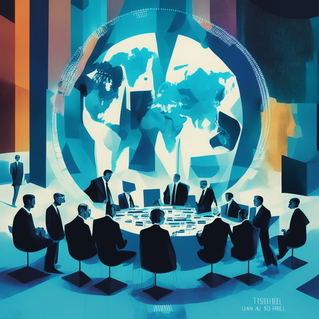 Digital representation of G20 summit, world leaders amidst a futuristic setting, discussing cryptocurrency regulations. Capture the visual essence of the IMF and FSB's synthesis paper, subtle hues indicating cautious optimism. Convey the mixture of technology, international finance, and dialogue in modernism art style, under soft, deliberative light.