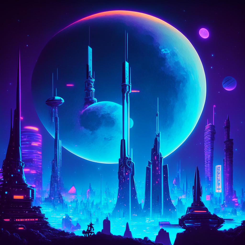 A futuristic city skyline under a radiant moon, bathed in soft, deep blues, reflecting prosperous growth, while a glowing rocket reflects the skyrocketing of the IMX token. In the foreground, digital warriors, a nod to Meme Kombat, battle amidst a surreal, neon-lit casino symbolizing gambling and NFTs. The mood is electric with excitement and anticipation.