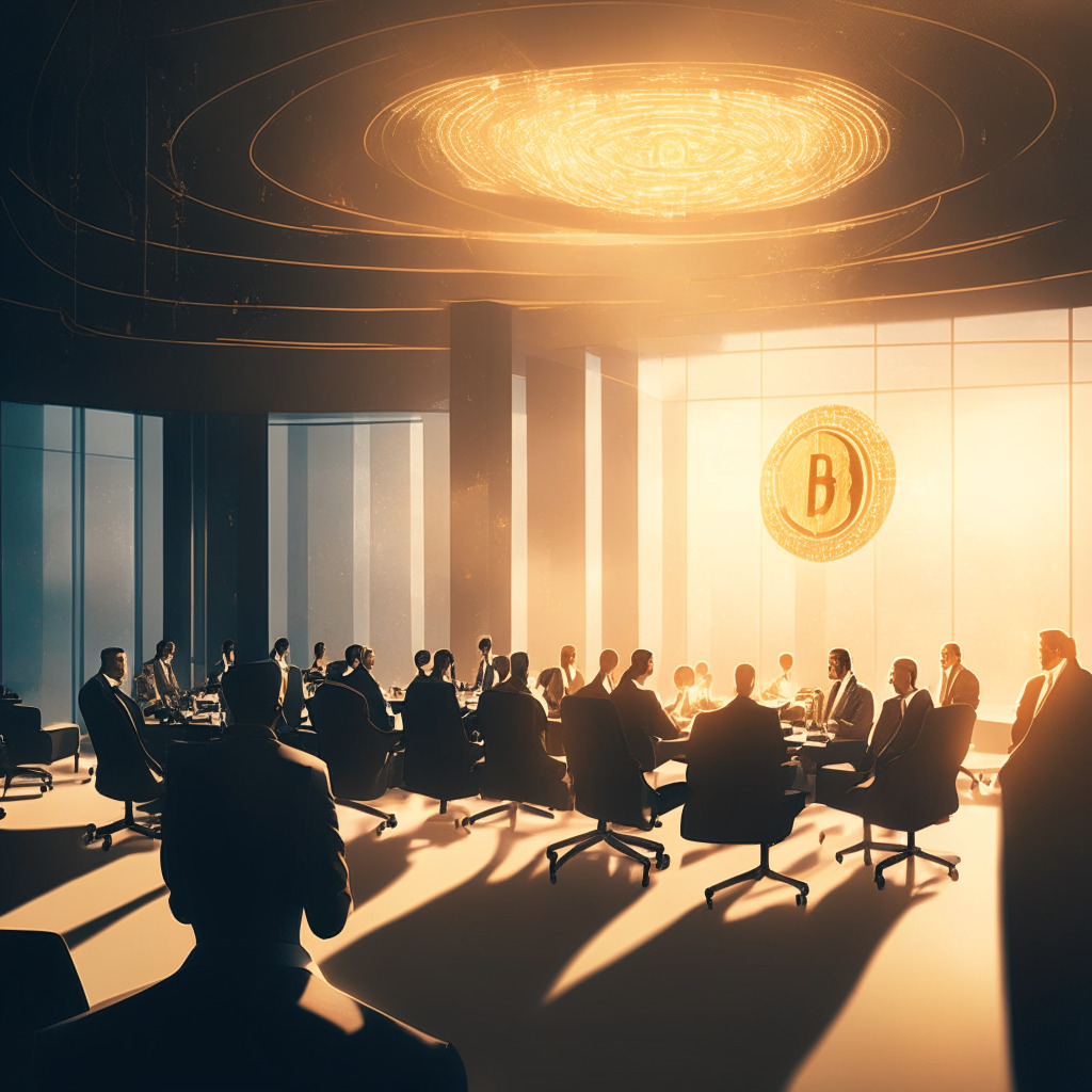 A grand office, with intelligent, poised executives discussing digital assets, set in a soar future corporate ambiance. A prominent figure (Michael Saylor) holding a glowing, digital representation of a bitcoin. The office enveloped in a hopeful, early-morning light, with a gentle, warm luminescence. Ethereal threads of light subtly symbolizing gains and losses in income statements. The overall artistic style theatrical and photorealistic, emphasising the transformative moment.