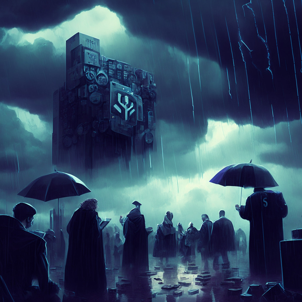 A gloomy financial market scene under a stormy sky, focusing on a futuristic digital lock starting to unravel. The lock contains symbols representing Ethereum's OP tokens. Various characters representative of investors and core contributors await on the fringes with anticipation. The scene is rendered in a surreal, impressionistic style, the harsh light emphasizing the sense of uncertainty.