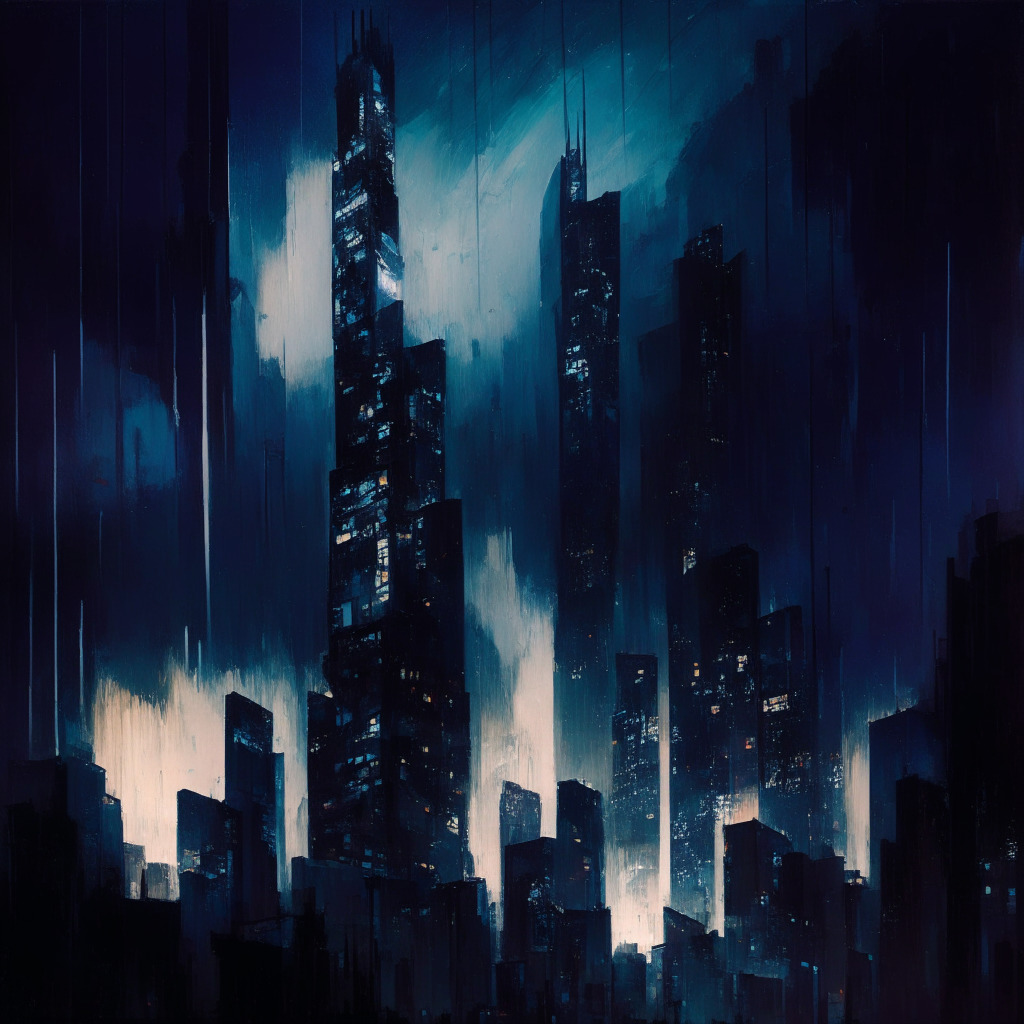 An abstract reimagination of the UK crypto market adjusting to impending regulation changes. A midnight setting with scattered skyscrapers representing crypto exchanges, adjusting their structure and functions quietly under starlight. Visible tension creating a moody atmosphere is conveyed through an oil-painted style with deep, dramatic hues. Intermittent light sources suggest compliance actions taking place within. Foreground contains apprehensive investors awaiting outcomes.