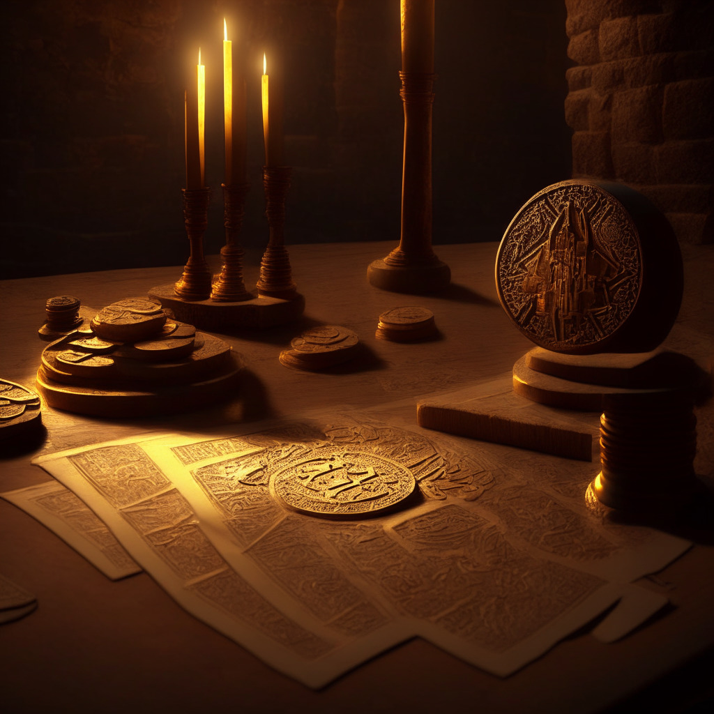 A grand, sepia-tone still-life of an intricately carved stone ledger, juxtaposed with a glowing, abstract digital coin, both placed on a polished mahogany table. The scene expresses a union of old and new financial systems. The room is lit with a golden light, reflecting the hopeful, transformative mood.