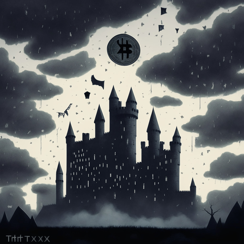 A tumultuous gray sky representing market instability, a bankrupt castle in the center signifying crypto exchange FTX. Dispersed coins all around, symbolizing sell-off of assets, with large coins labelled BTC, SOL, and ETH. Dark silhouettes hover over the castle creating a sense of foreboding, but a ray of light pierces the sky, indicating a trace of optimism. It’s twilight, an artistic blend of Baroque darkness with Contemporary style, capturing the mood of cautious optimism in the volatile world of cryptocurrency.