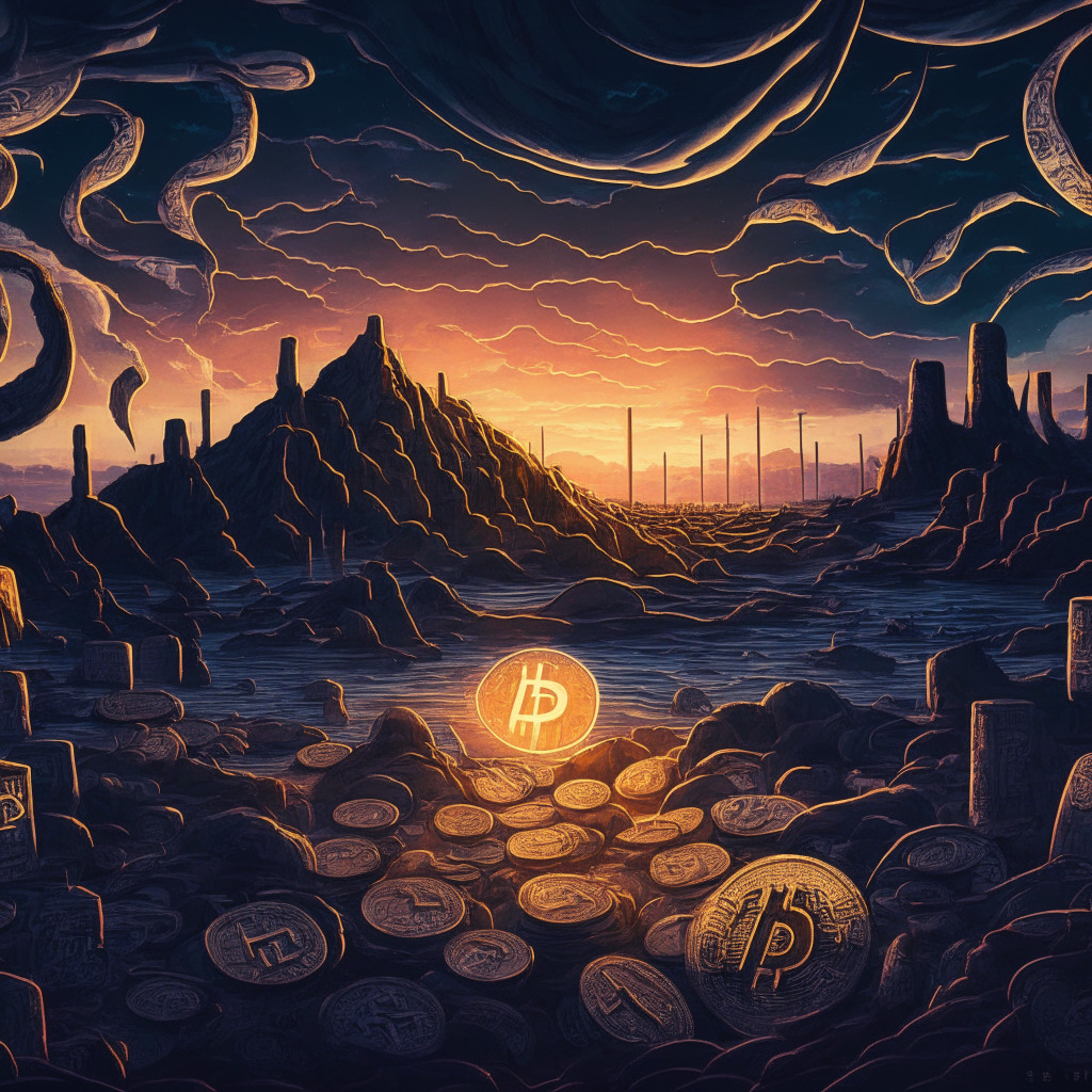 Vast cryptomarket landscape at twilight, with symbolic tokens representing Bitcoin, Dogecoin, Polygon, TRON, and Solana scattered across. In the background, a towering waveform of an uncertain market, dynamic elements of turbulence and disarray. Mood is suspenseful, with chiaroscuro lighting and influences of expressionist art style.
