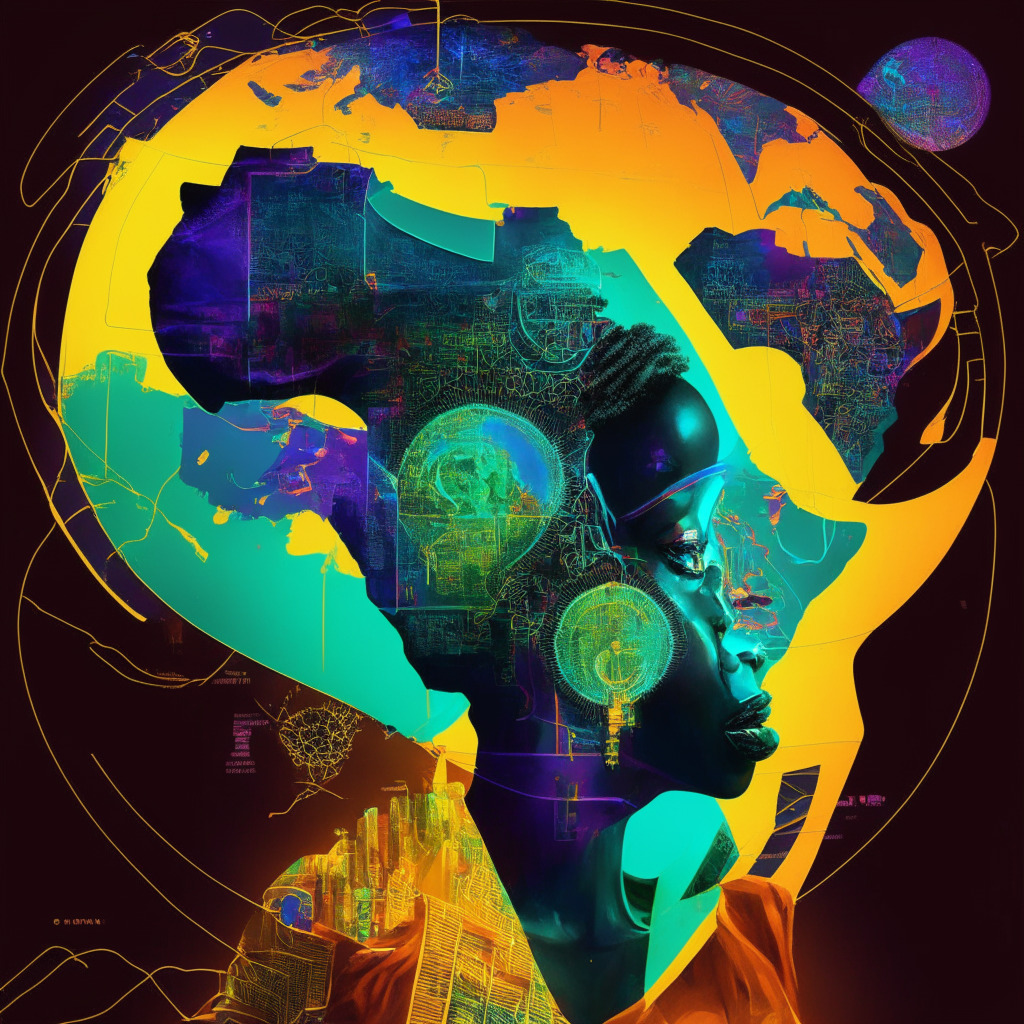 A vibrant financial ecosystem pulsating with energy, light streaming from symbolic Nigerian map, alluding to the 99% crypto-awareness level and shifting global financial landscapes. Artistic style: Afrofuturism, Mood: Hopeful and revolutionary, with undertones of caution and responsibility.