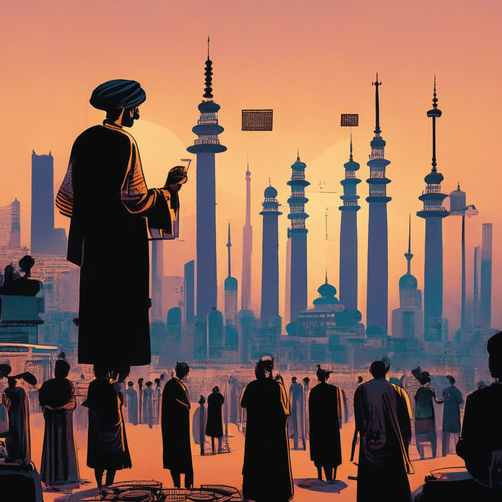 Skyline of India at dawn, styled in vibrant tech-noir, demonstrating a bustling metropolis. Depict large, towering digital currency symbols looming over the city, symbolizing crypto dominance. Below, citizens engaged in peer-to-peer transactions. Add a stern tax collector in traditional attire, attempting to restrict digital trade but instead, inadvertently fuelling it. Render a soft golden morning light on the horizon, embodying a paradoxical triumph against adversity, while invoking a sense of intrigue, resilience, and optimism.