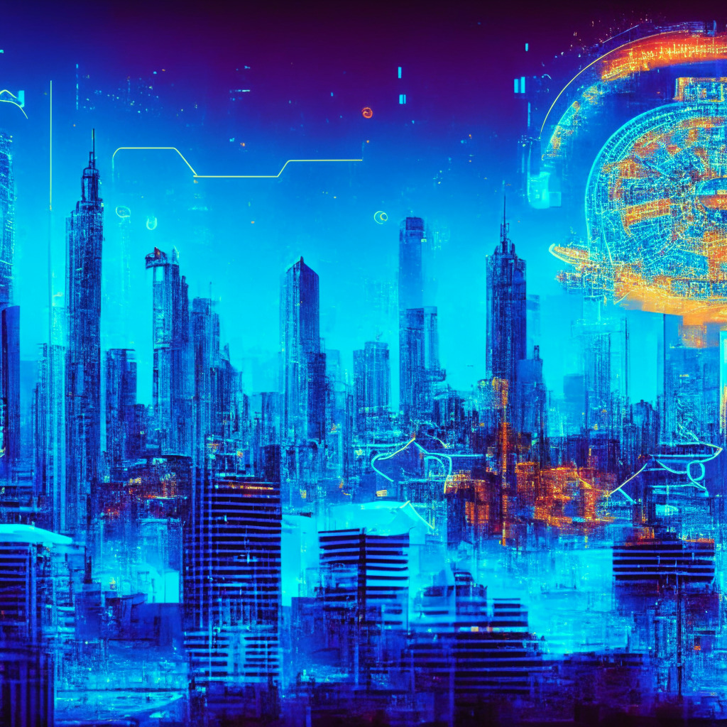 A vibrant, futuristic cityscape panorama showcasing the digital transition of India. Prominent in the scene, a glowing, translucent Digital Rupee symbol connecting with numerous UPI icons, illustrating efficient digital transactions. The setting, soaked in neon-blue light, emits an ambiance of innovation and progressiveness, a nod towards the seamless blend of physical and digital currency, illustrated by the fluid morphing of traditional Indian Rupee notes into sparkling, electrified Digital Rupees. The mood is optimistic, teeming with anticipation for a secure financial future, yet subtly chilled, hinting at the persistent caution around decentralized cryptocurrencies.
