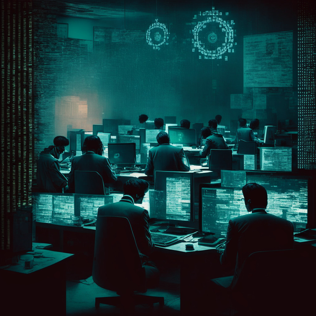 A digitally advanced Indian Ministry with cryptographic symbols floating around, working in dimly lit, ultramodern cybercrime lab, sleek cyber tools on display. A contrasting warm glow implies hope, a mix of suspense and progress fills the air. Essence of paradox, crypto turmoil yet blockchain ascendancy.