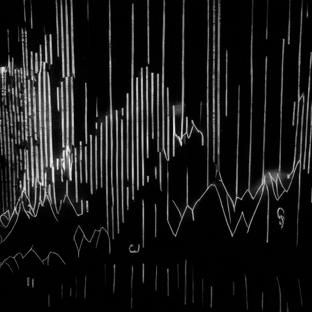 A monochrome scene of a stock market floor, 1920s art deco style, showing fluctuating tickers, symbolic representations of rising CPI and falling core CPI. A shadowy upward arrow signifies inflation; a downward arrow denotes the cooling core. A muted candle graph represents Bitcoin's stability. Light setting: low, moody with sharp, chiaroscuro contrasts for drama, visual tension. The mood: speculative, cautiously optimistic yet imbued with uncertainty.