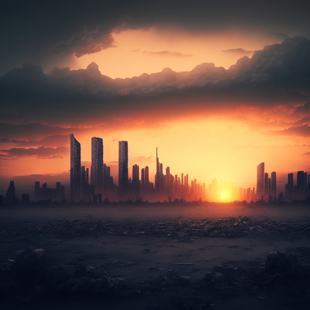 Sunset over a barren, dystopian cityscape symbolizing struggling crypto landscape, neglected venture capital buildings fading in soft dusk hues. In the background, a silver-hued cloud signifies future prosperity. Portray this image in a surrealistic style to represent the volatility of the sector. The overall mood of the image should be one of anticipation mixed with uncertainty.