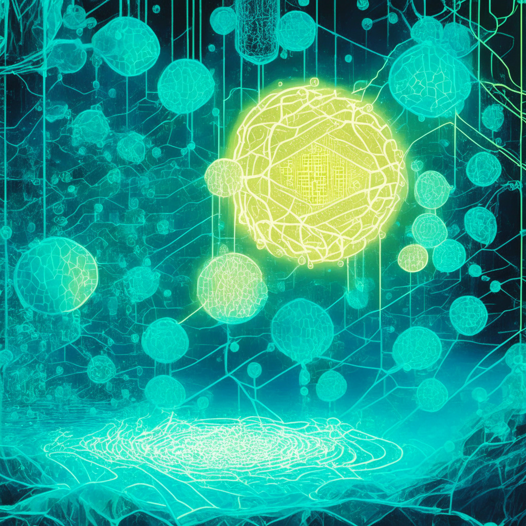 An abstract representation of cryptocurrency exchange, with a backdrop of a radiant, decentralized ledger glowing brightly. Icy, fluid blues denote Avalanche, while soft vernal greens symbolize Arbitrum DAO. To signify Trader Joe's proposal, illustrate a luminously lit, intricate golden web of connections, hinting at the Auto-Pool technology at work. The overall aesthetic must emanate an ambitious, futuristic style, filled with hopeful optimism yet underlined with subtle questions of sustainability.