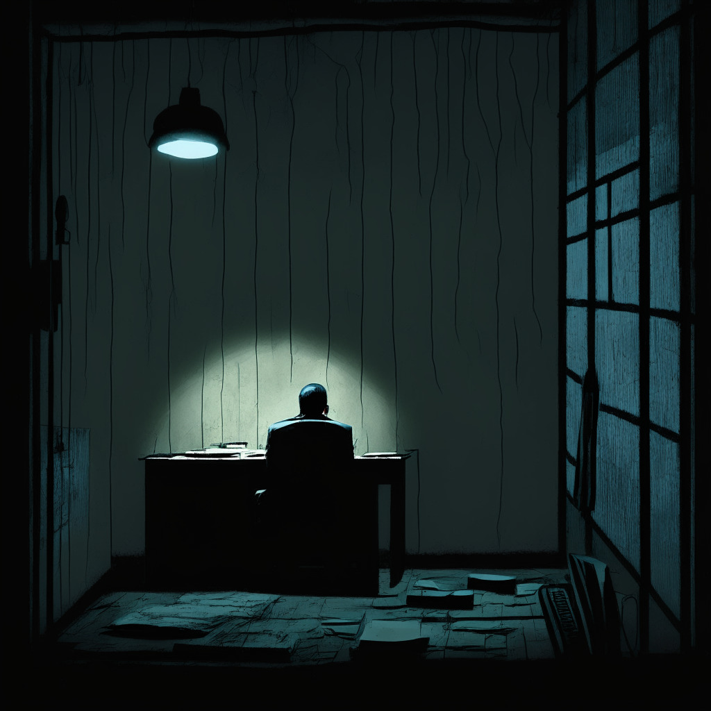 A somber scene inside a sparse jail cell, with a figure that resembles a businessman sitting at a small, worn-out table, focused on an old-fashioned laptop. The room is dimly lit, reflecting the uncertainty and frustration. An ethereal depiction of patchy internet signals floating, symbolizing disrupted connectivity. The style is abstract realism, moody, with hues of grey and blue.