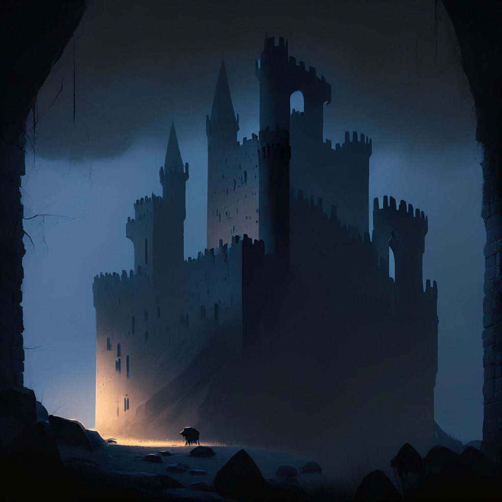 A dimly lit, glance-into-the-future scene, with a starkly modern, semi-abstract style. A medieval castle with crumbling walls morphs into a solid, futuristic fortress. Soft twilight hues cast a mood of anticipation, symbolizing the blend of traditional finance with the digital asset revolution. Menacing shadows hint at potential risks, highlighting the need for robust security.