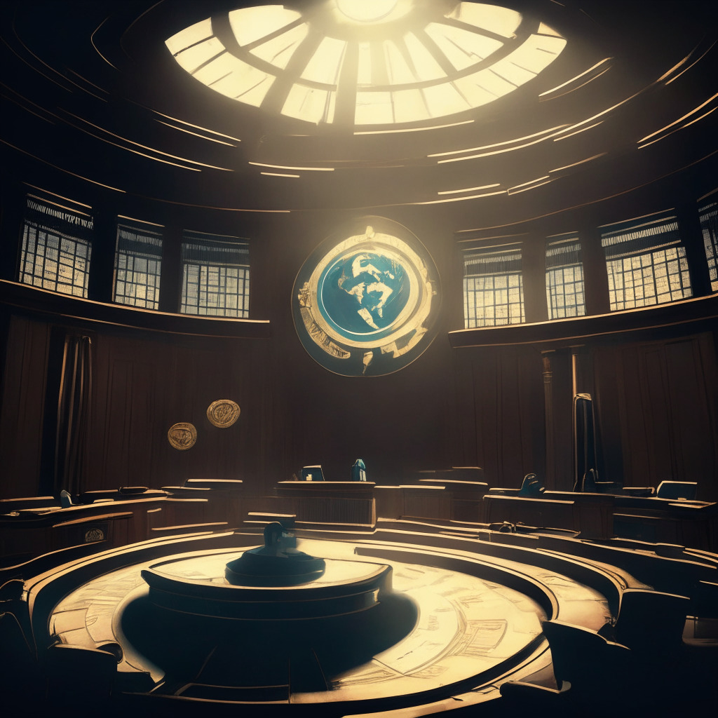 Dramatic courtroom interior in chiaroscuro style, with a large world map on the wall, symbolizing international legal jurisdictions. The room is filled with a tense atmosphere, highlighted by a spotlight on a symbolic cryptocurrency logo at the defense table. Iridescent dollar and crypto coins falling from above, representing an ambiguous yet intriguing crypto crash. Moody and suspenseful undertones fill the scene.
