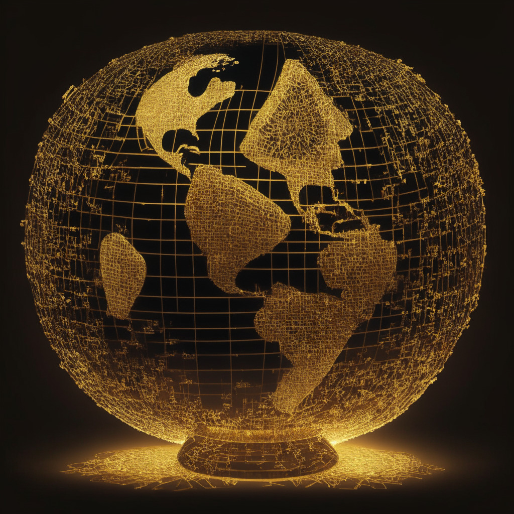 An intricate web of digital symbols and lines form a globe, representing global law enforcement cooperation. A shadowy figure lurks with a false façade of glistening gold and cryptocurrency symbols, embodying the deceptive BCH scam. Light filters through a gavel, symbolising justice, dispersing radiant hues of determination and victory against fraud. The scene radiates caution and awareness, nestled under a solemn twilight sky.