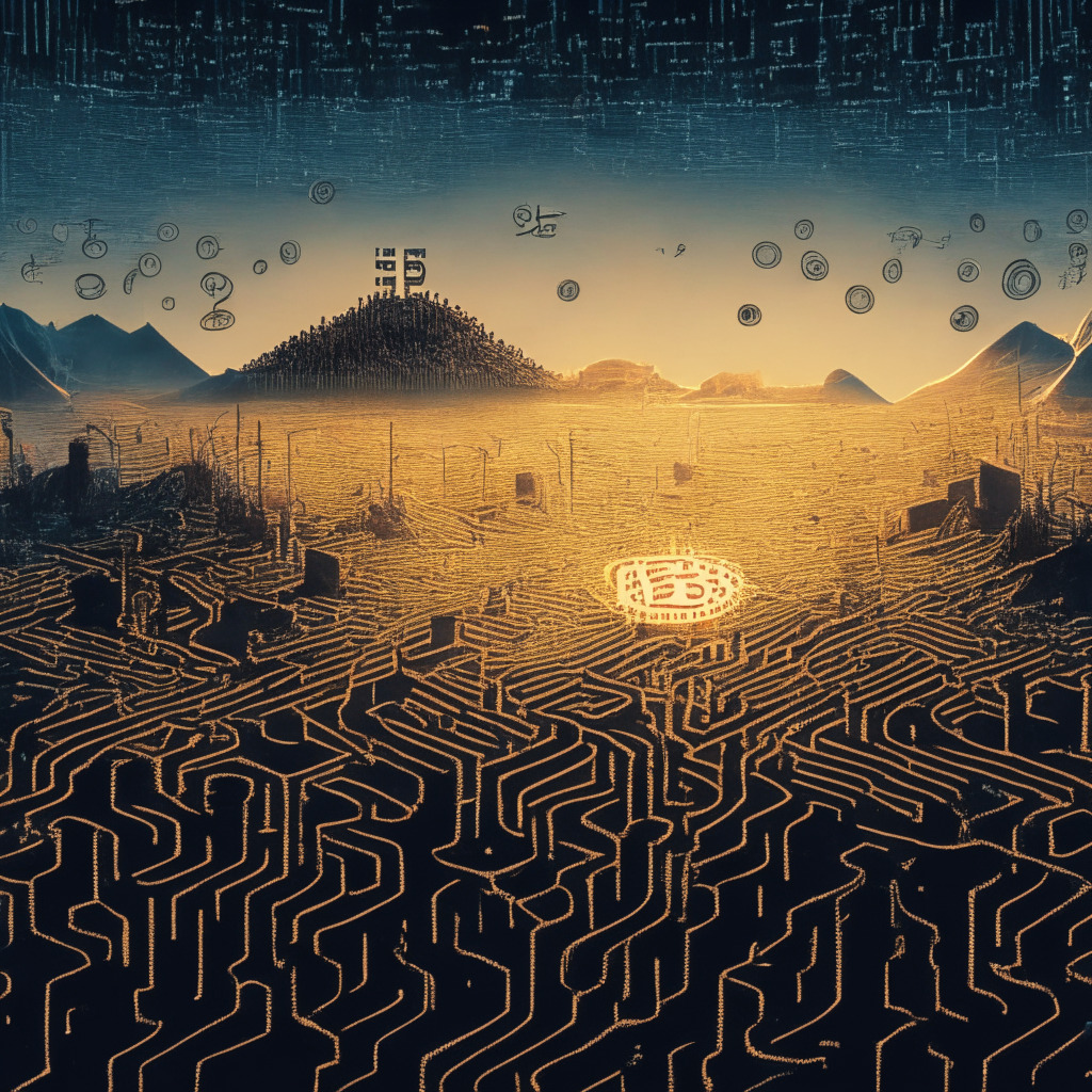 A vast, digital landscape illuminated by a dawn light, displaying a bitcoin inexorably carving its path through a complex maze, representing blockchain. In the background, a subtle, ominous bug looms, symbolizing unexpected issues. Artistic interpretations of criticisms, voiced in ciphered codes, subtly scattered across the sky, with faint echoes of a falling market graph on the horizon. The mood is foreboding yet resilient, reflecting the risks and endurance in blockchain innovation.