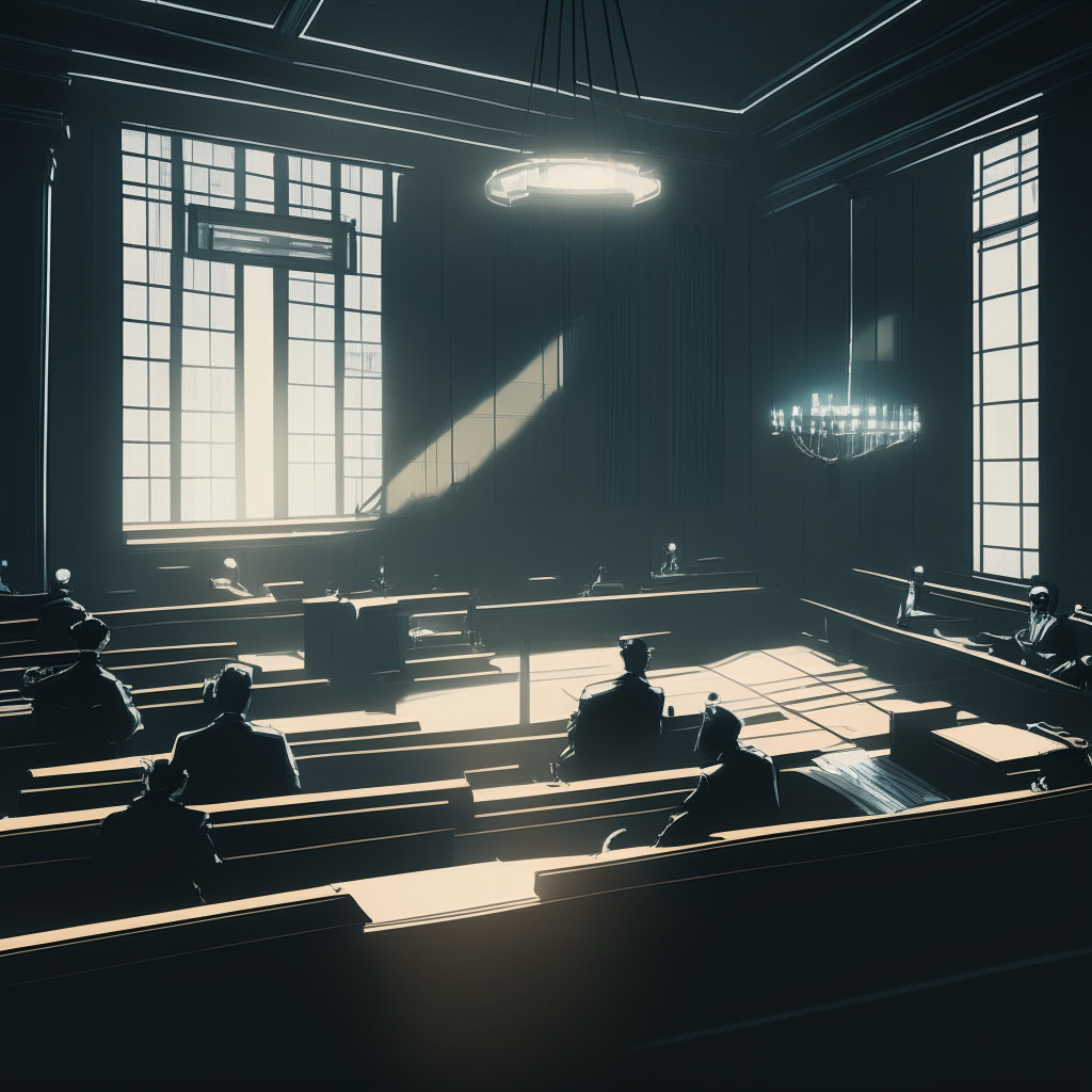 A complex scene inside a European courtroom. Prominent features include critical documents with highlighted texts representing data privacy laws, an AI chatbot symbolizing OpenAI, a microscope symbolizing scrutiny, and a balance scale representing the tension between innovation and privacy. The room is bathed in contrasting light, creating a chiaroscuro effect, highlighting the severity and dramatic tension. The overall mood should evoke mystery and anticipation, mimicking an unfolding investigation.