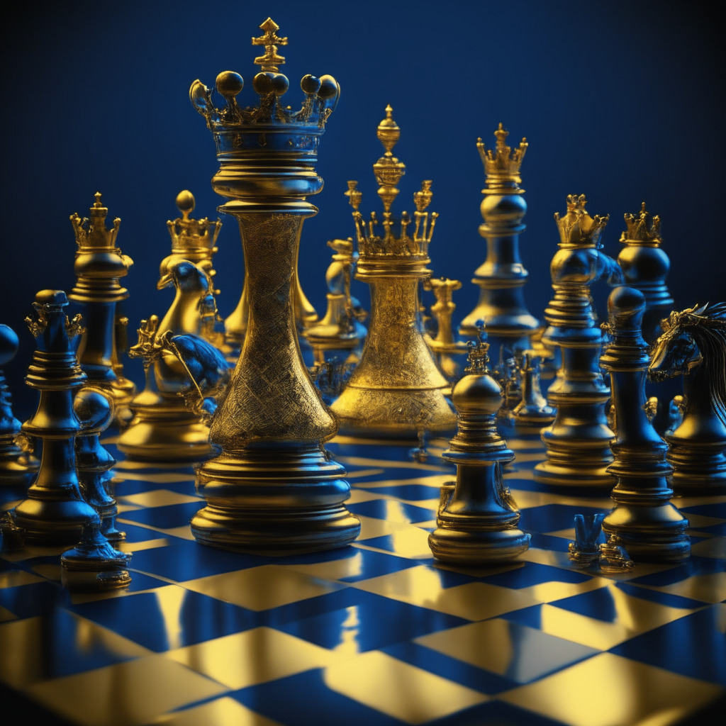Vintage-style chessboard with chess pieces styled as cryptocurrency symbols and classic investment symbols in a high-stakes game, golden lighting setting a strategic and serious mood, dominant hues of sharp blue, gold, and metallic grey, tense vibes indicative of big risks and potential rewards, central focus: a majestically carved golden Bitcoin king.