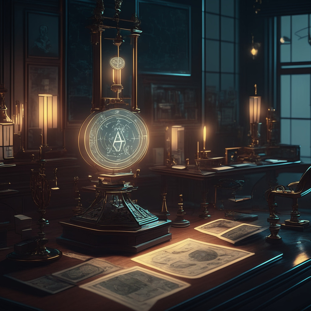 A late evening scene in a lavish, sophisticated office, lit by a vintage lamp, with stations illustrating the crypto market - portraying safety, solidity, and prudence. There's a futuristic transparent holographic screen showcasing abstract Ethereum symbols and the fluctuating chart of PYUSD. An antique balance scale to signify the asset backing. The atmosphere is silent and intense, but hopeful. Done in a blend of film noir and modern editorial realism.