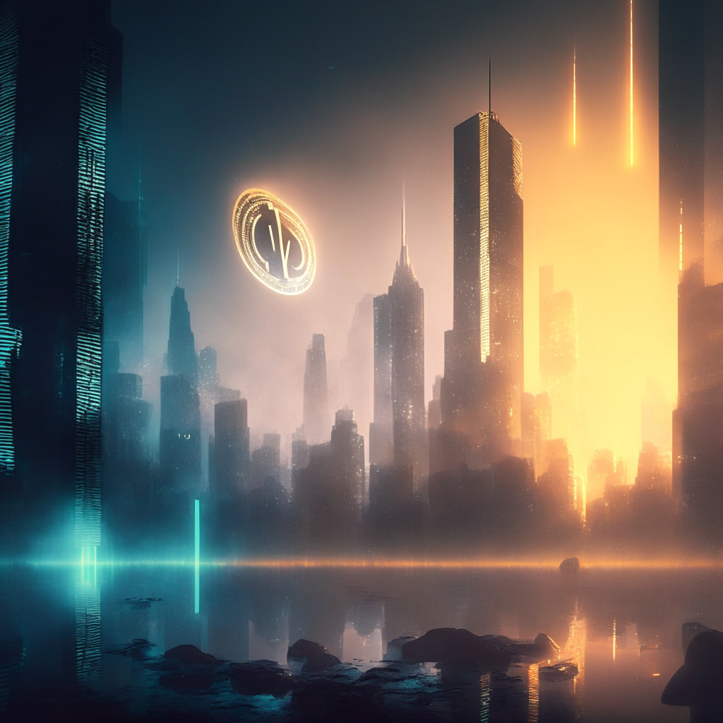 Misty morning in a futuristic city; skyscrapers gleaming with blockchain symbols, coded light trails denoting cross-border transactions. In the foreground, a large coin representing the new deposit token. Mood: Ambiguity mixed with anticipation. Artistic style: Realistic, Cyberpunk aesthetic. Lighting: Early morning dawn cast against neon glow.