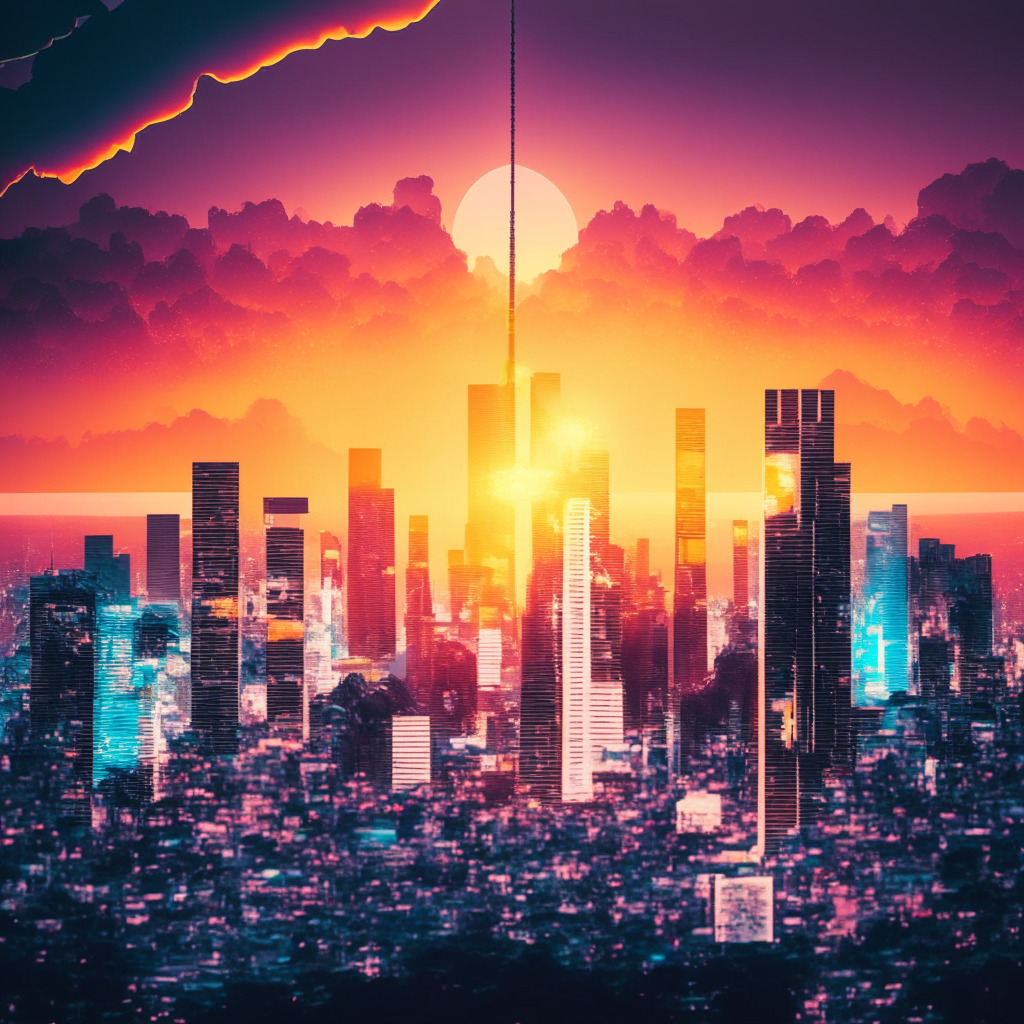 A futuristic Tokyo skyline bathed in a digital dawn sun, high-tech startups releasing luminous symbolic cryptocurrency into the vibrant sky instead of traditional stocks, symbolizing Japan’s bold new initiative. The image balances hues of innovation and trepidation, portraying the excitement yet volatility of crypto, creating a mood of anticipation and intrigue.