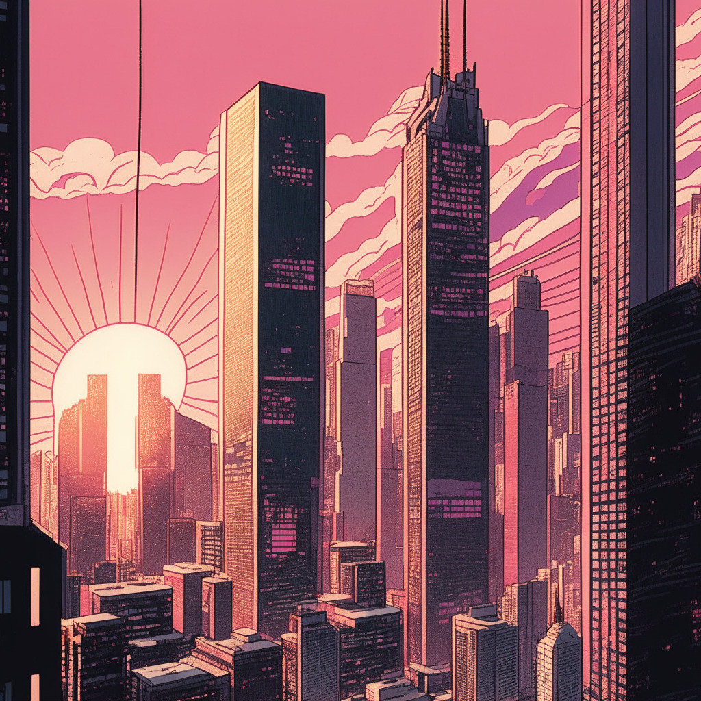 An intricately detailed scene of Tokyo's financial district at dawn, displaying towering buildings with futuristic designs, symbolizing blockchain technology. The backdrop is detailed with an artistic blend of Japanese ukiyo-e style and modern contemporary art. The rising sun bathed in delicate hues of pink, illuminating the sleek glass buildings signifies a new dawn in crypto tax reform. Shadows on the buildings indicate change, illustrating the shifting policies and regulations. A faint mood of uncertainty lingers, representing the potential impact on government revenue.