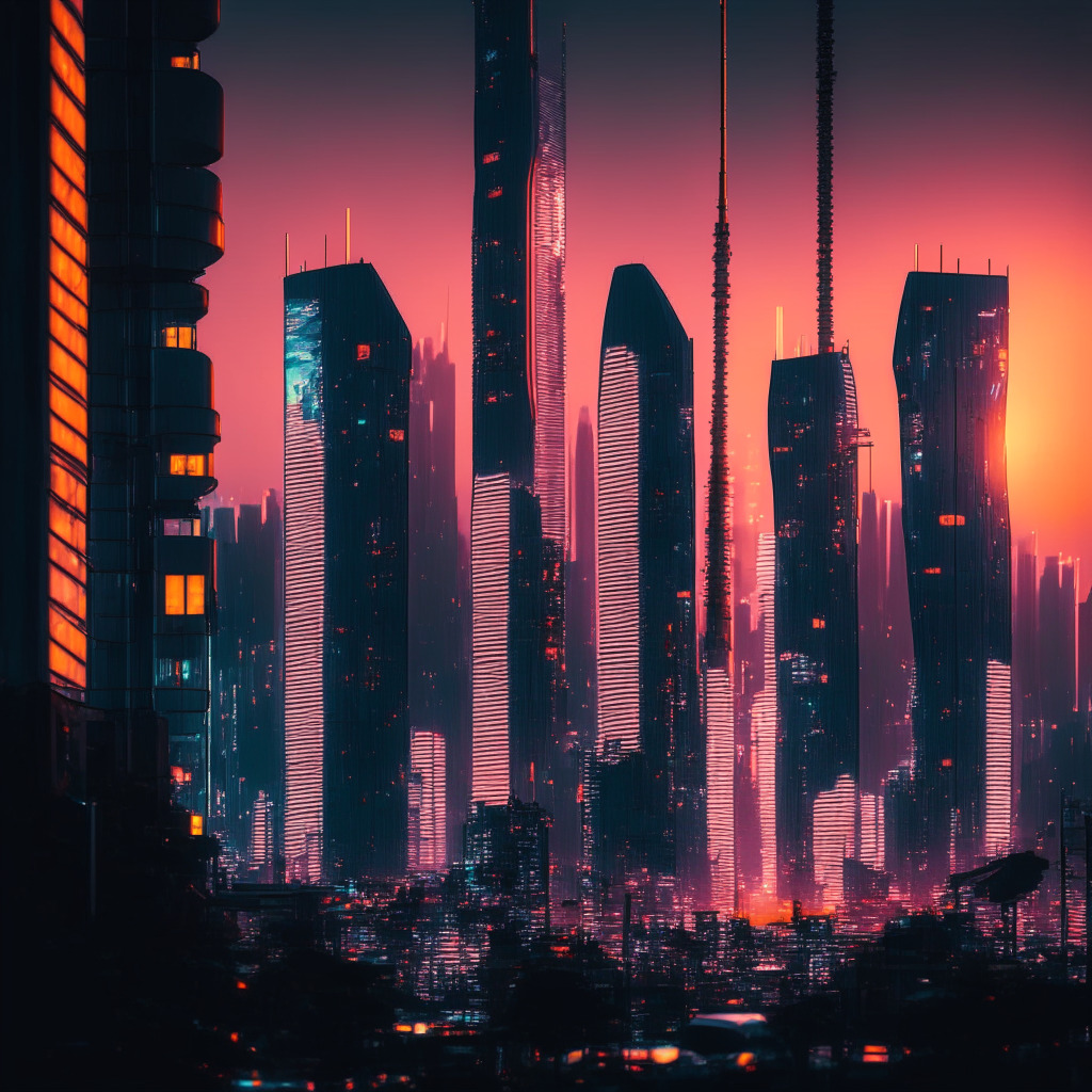 A futuristic Tokyo skyline at dusk, lit by the warm glow of setting sun, the towering skyscrapers feature neon holograms depicting digital currencies. The city's vibe reflects anticipation and optimism amidst a new dawn of regulatory reforms, subtly hinting at a changing landscape. A light rain adds moodiness to this cyberpunk-inspired scene of economic progress.