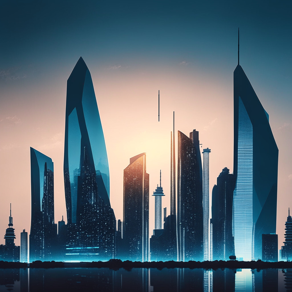 Futuristic South Korean skyline at dusk, delicate, cool-toned light bathing sleek financial skyscrapers, imbued with an aura of modern technology. Blockchain and cryptocurrency iconography subtly infused into architecture. Abstract figures representing partnership, trust, & growth. Mood: boldly innovative, yet calmly protected.