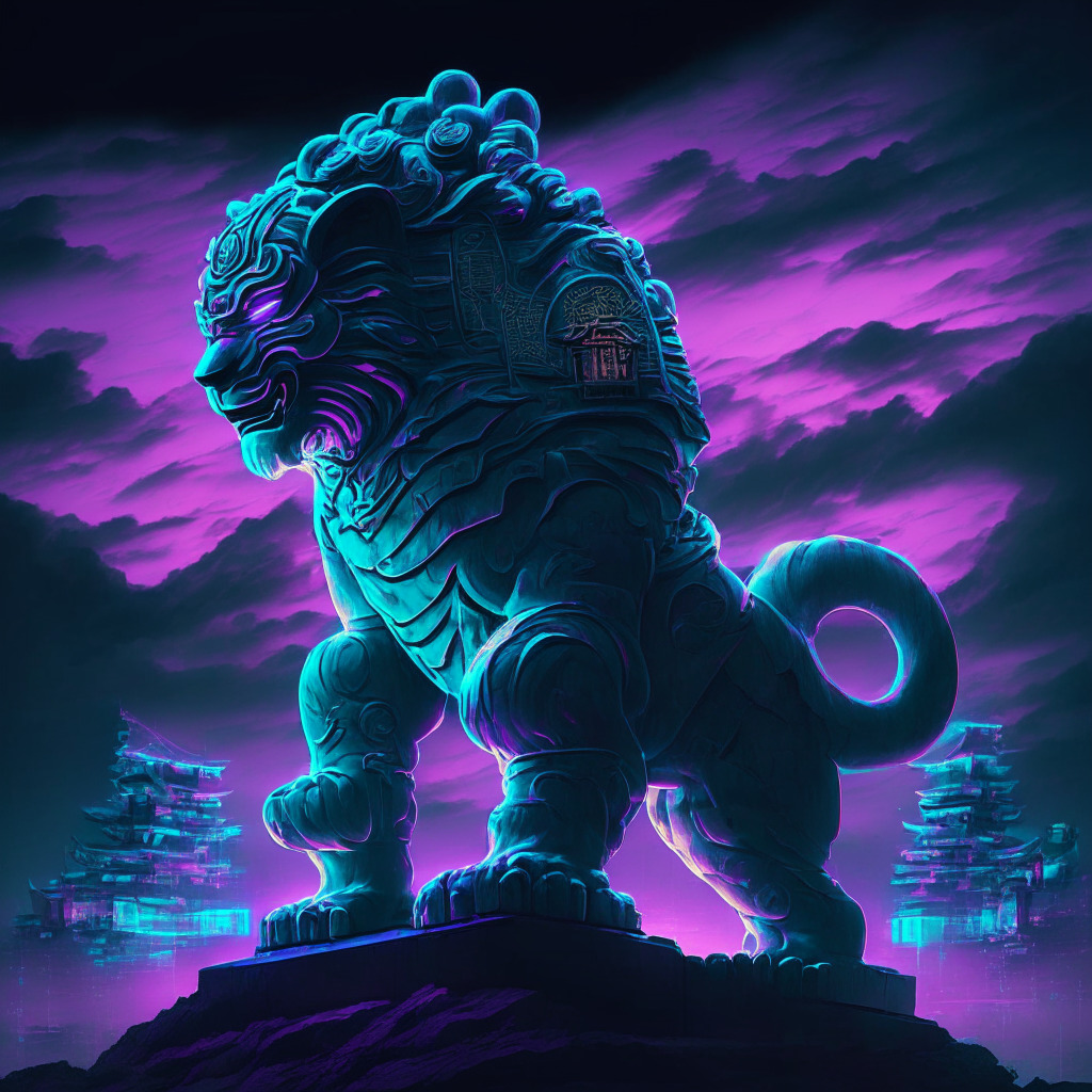 A digital simulacrum of the legendary Komainu, standing majestically atop an abstract representation of a hidden road. It is dusk, blending hues of safety and trust with uncertainty's shadows. The figure exudes an aura of security, clutching a shield symbolizing collateralization. The solemnity and power of this symbolic figure dominates the futuristic neon skyline of cybernetic Dubai.